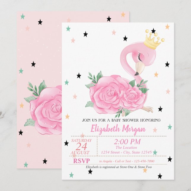 Invitation Flamant rose bébé, Étoiles, Baby shower princesse (Devant / Derrière)