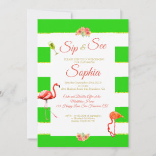 Invitation Flamant rose bébé non genre Green Stripe Sip et vo