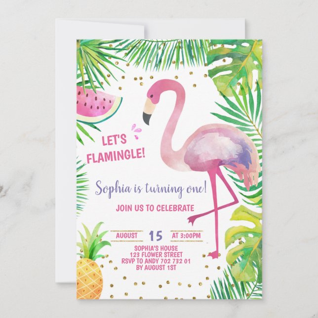 Invitation Flamant rose Birthday Party Tropical Girl Pool (Devant)