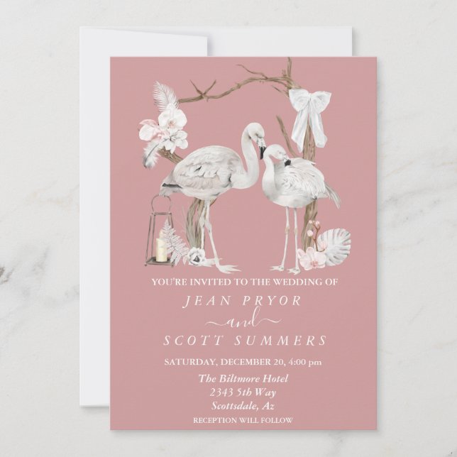 Invitation Flamant rose blanc Boho Arc tropical Floral (Devant)