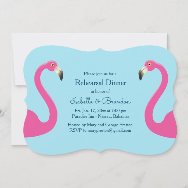 Invitation Flamant rose Bleu Plage Répétition Dîner Invitatio (Devant)