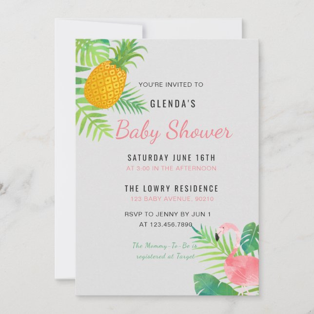 Invitation Flamant rose d'ananas tropical Baby shower invitat (Devant)