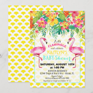 Invitation Flamant rose d'aquarelle Baby shower floral tropic