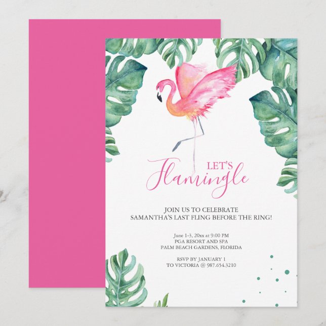 Invitation Flamant rose d'aquarelle Bachelorette (Devant / Derrière)