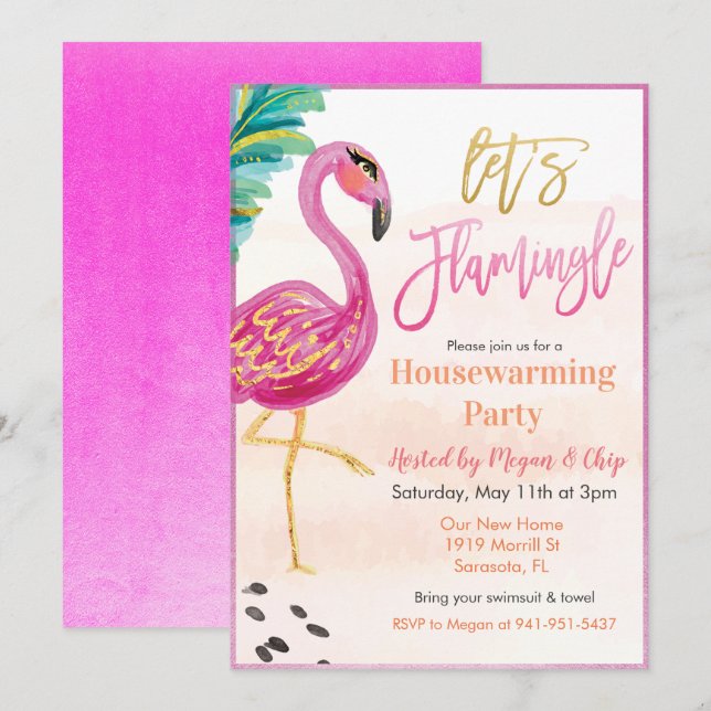 Invitation Flamant rose d'aquarelle Fête de réchauffement mén (Devant / Derrière)