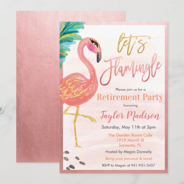 Invitation Flamant rose d'aquarelle Retraite de la partie Inv (Devant / Derrière)