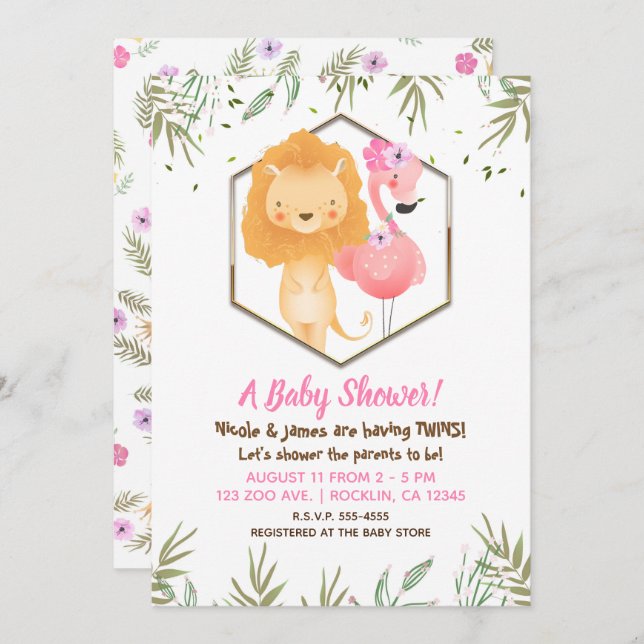 Invitation Flamant rose d'aquarelle tropicale et Baby shower  (Devant / Derrière)