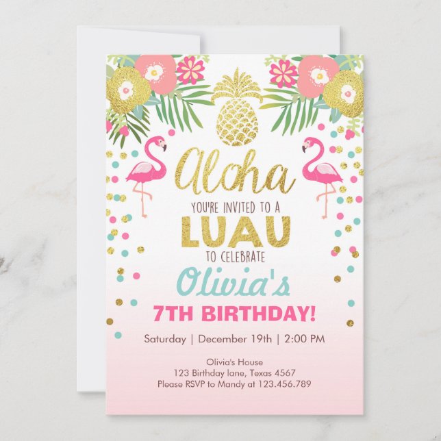 Invitation Flamant rose de fête Tropical Birthday luau (Devant)