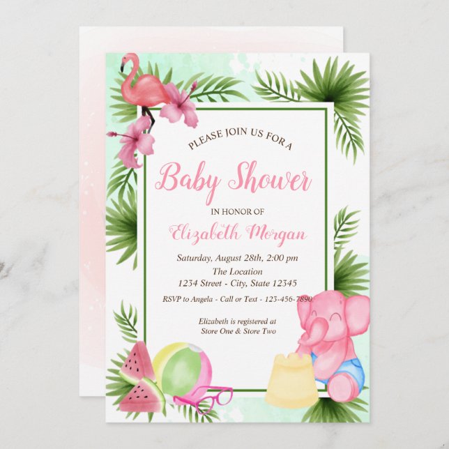 Invitation Flamant rose de fleurs tropicales, Baby shower élé (Devant / Derrière)