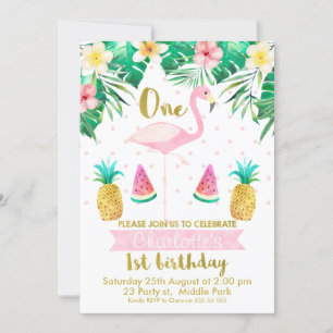 Invitation Flamant rose de fruits tropicaux 1er anniversaire 