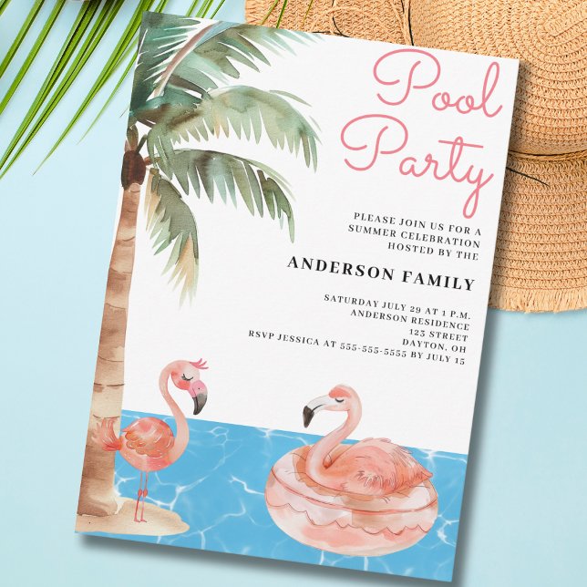 Invitation Flamant rose de la fête du pool (Créateur téléchargé)
