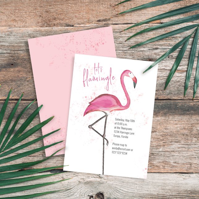 Invitation Flamant rose de plage Pink Tropical (Pink flamingo watercolor "Let's Flamingle" Invitation with pink watercolor speckles.)
