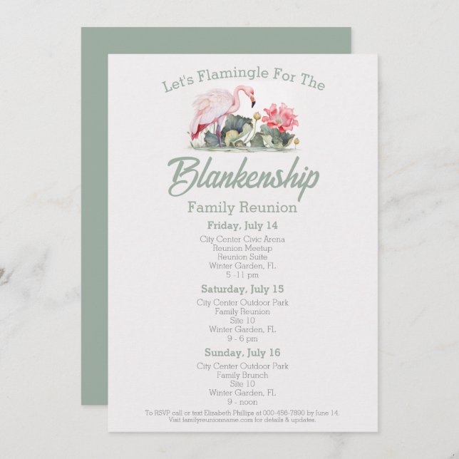 Invitation Flamant rose de réunion familiale Art Tropical de  (Devant / Derrière)