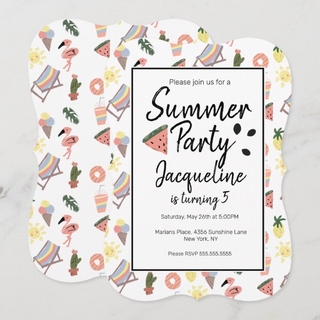 Invitation Flamant rose d'été Doodles tirés à la main (Devant / Derrière)