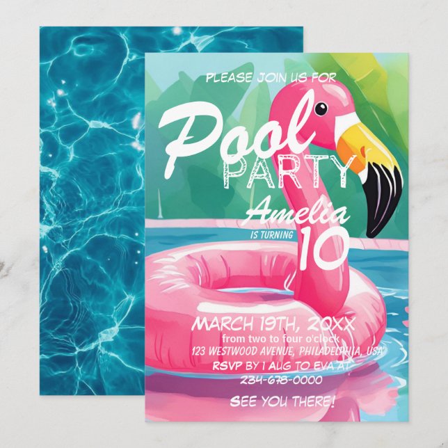 Invitation Flamant rose d'été Pool Party Fille 10e anniversai (Devant / Derrière)