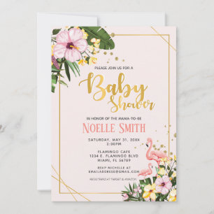Invitation Flamant rose d'or floral tropical Baby shower rose