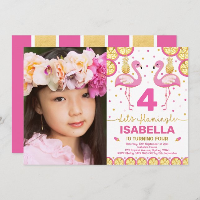 Invitation Flamant rose d'or rose Anniversaire Tropical Pool  (Devant / Derrière)