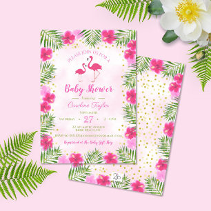 Invitation Flamant rose d'or rose tropicale Baby shower flora