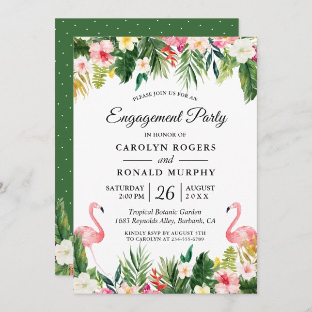 Invitation Flamant rose Engagement Party Feuilles tropicaux F (Devant / Derrière)