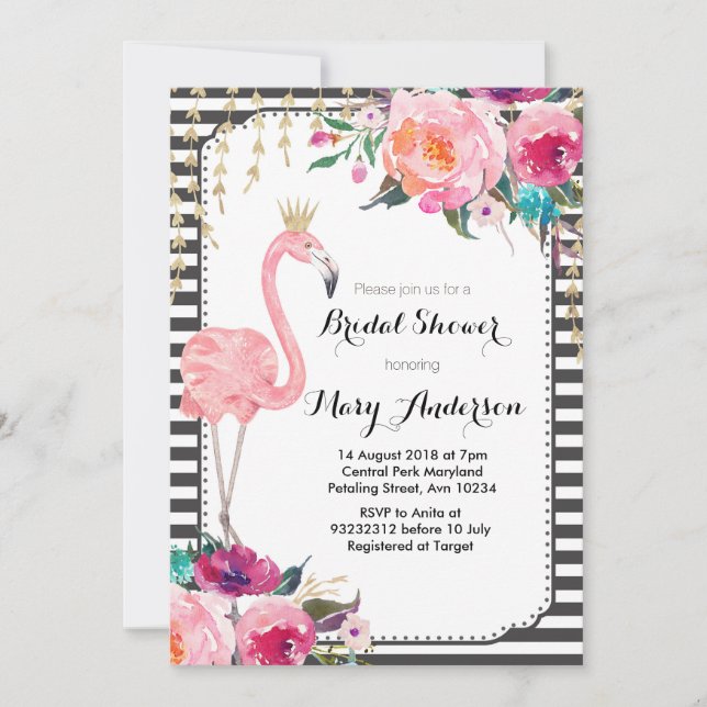 Invitation Flamant rose Envoi d'une douche nuptiale Noir blan (Devant)