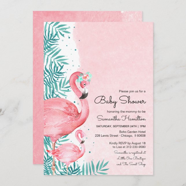 Invitation Flamant rose et Feuilles tropicaux Baby shower aqu (Devant / Derrière)