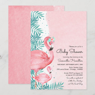 Invitation Flamant rose et Feuilles tropicaux Baby shower aqu