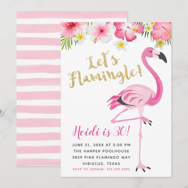 Invitation Flamant rose et Hibiscus fête d'anniversaire (Devant / Derrière)