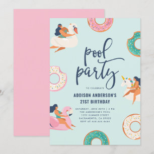 Invitation Flamant rose et Unicorn Pool Party   Anniversaire 