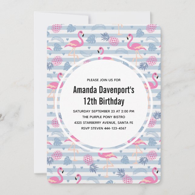 Invitation Flamant Rose Fantaisiste & Motif Anniversaire Anan (Devant)