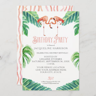 Invitation Flamant rose Feuille rose aquarelle de fête d'anni