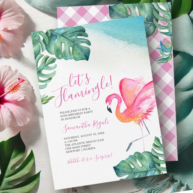 Invitation Flamant rose Feuille tropical 60e fête d'anniversa (Birthday invitations tropical pink flamingo and gingham by Victoria Grigaliunas of Do Tell A Belle)