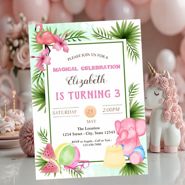 Invitation Flamant rose,Feuilles tropicales, Anniversaire d'é (Créateur téléchargé)
