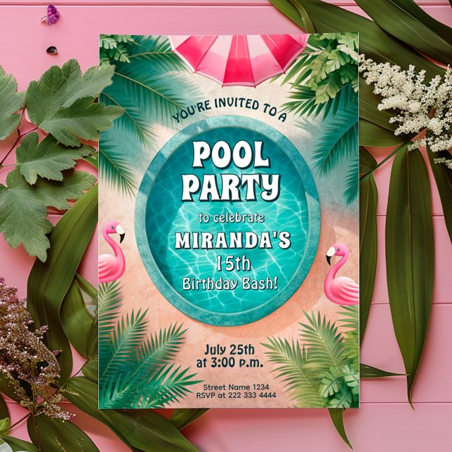 Invitation Flamant rose Fiesta Pool Fête Anniversaire (Créateur téléchargé)