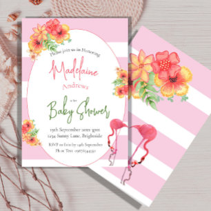 Invitation Flamant rose Fleurs tropicales Baby shower à rayur