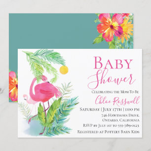 Invitation Flamant rose Floral Baby shower