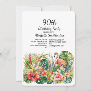 Invitation Flamant rose floral tropical 90e anniversaire