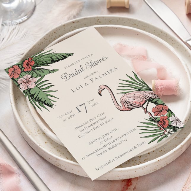 Invitation Flamant rose floral tropical Fête des mariées ivoi (Elegant Tropical Bridal Shower Design. Hand-Drawn Pink Flamingo, Hibiscus Flowers, Tropical Greenery)