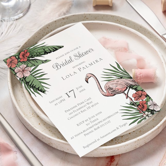 Invitation Flamant rose floral tropical Fête des mariées jaun (Elegant Tropical Bridal Shower Design. Hand-Drawn Pink Flamingo, Hibiscus Flowers, Tropical Greenery)