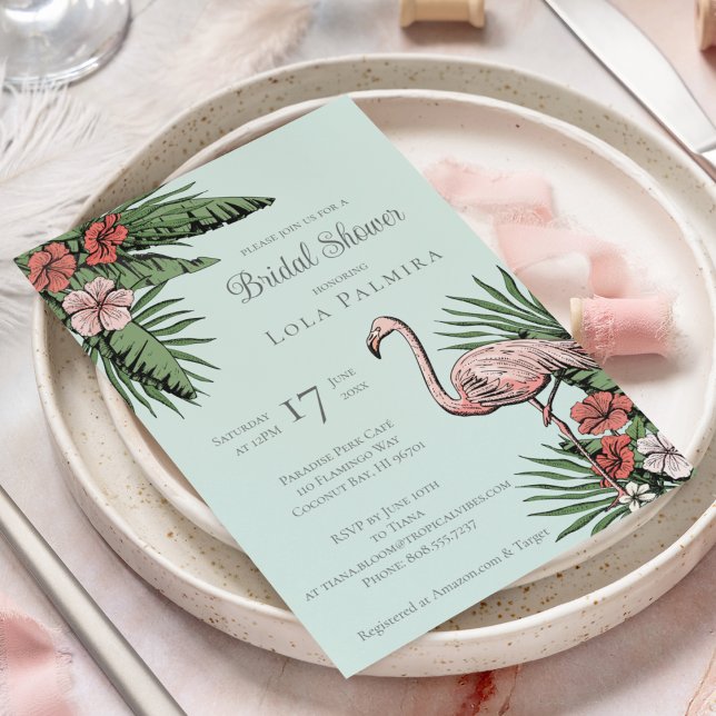 Invitation Flamant rose floral tropical Fête des mariées turq (Elegant Tropical Bridal Shower Design. Hand-Drawn Pink Flamingo, Hibiscus Flowers, Tropical Greenery)