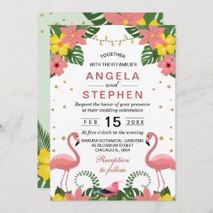Invitation Flamant rose floral tropical Mariage d'été