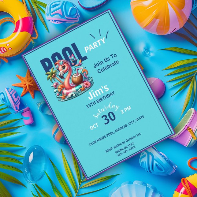 Invitation Flamant rose Flottant Dans La Piscine Anniversaire (Créateur téléchargé)