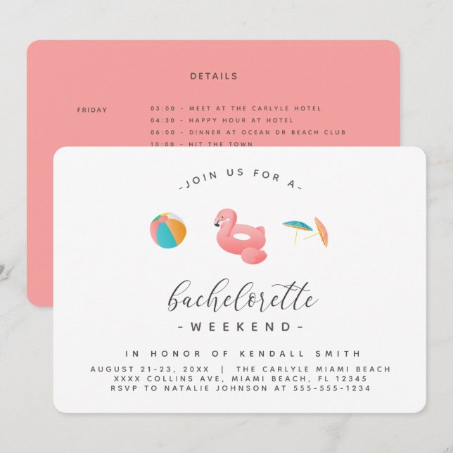 Invitation Flamant rose Flottant Pool Party Bachelorette Week (Devant / Derrière)