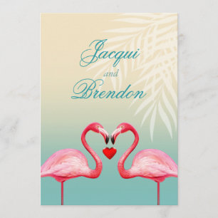 Invitation Flamant rose Heart Kiss  Mariage bleu menthe