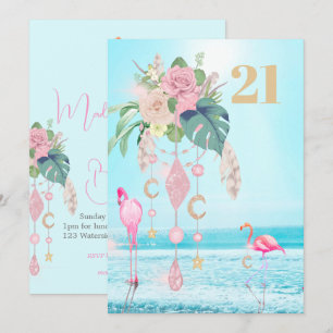 Invitation Flamant rose Jewel Beach Floral 21e anniversaire