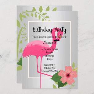 INVITATION FLAMANT ROSE LUMINEUX ARGENT HIBISCUS ANNIVERSAIRE