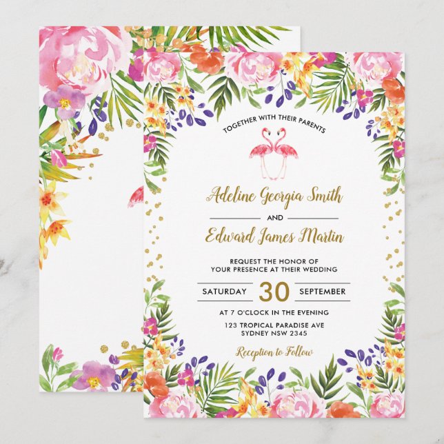 Invitation Flamant rose Mariage Tropical Floral Palm feuille  (Devant / Derrière)