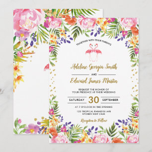 Invitation Flamant rose Mariage Tropical Floral Palm feuille 
