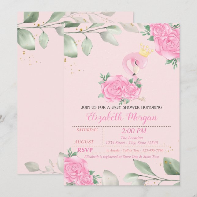 Invitation Flamant rose mignon, Feuille, Baby shower Floral (Devant / Derrière)
