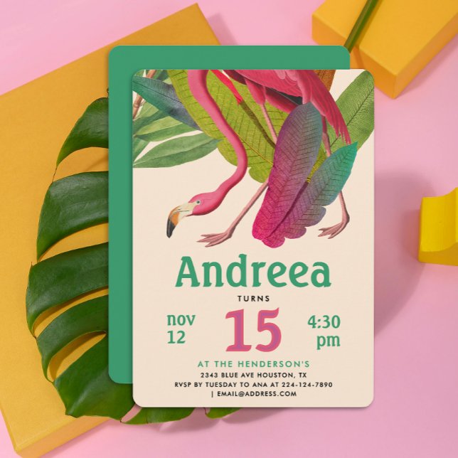 Invitation Flamant Rose Moderne Vert Tropical Feuilles d'Été (Créateur téléchargé)