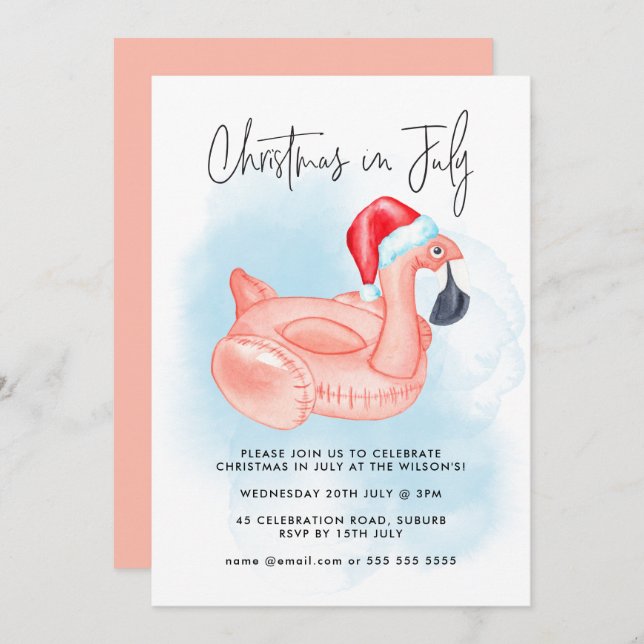 Invitation Flamant rose Noël En Juillet Piscine D'Été (Devant / Derrière)